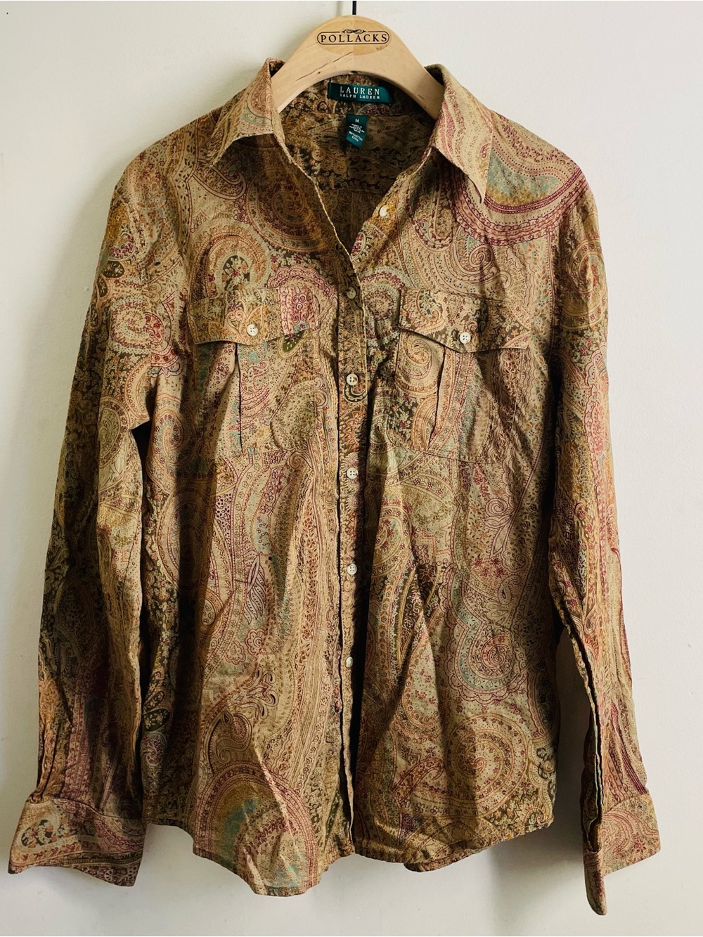 Lauren Ralph Lauren Paisley Button Down Shirt Size M Cotton Boho Blouse Brown